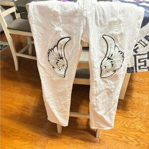 White Jeans with Wing Embroidery JEANS AND SHIRT LARGE BOTH FOR 35